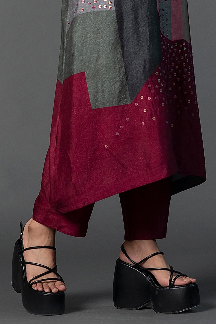 Dark Grey & Maroon Dupion Silk Printed A-Line Kurta Set by CLOS at Pernia's Pop Up Shop