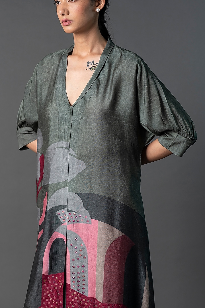 Dark Grey & Maroon Dupion Silk Printed A-Line Kurta Set by CLOS at Pernia's Pop Up Shop