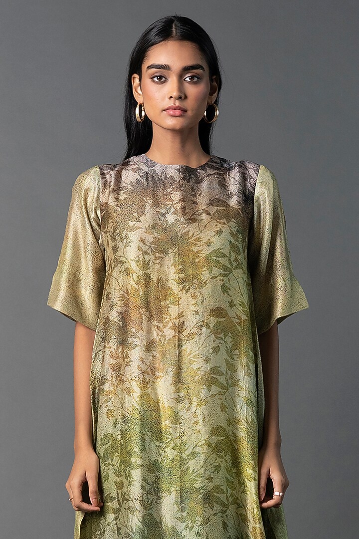 Light Green Dupion Silk Floral Printed High-Low Kurta Set by CLOS at Pernia's Pop Up Shop
