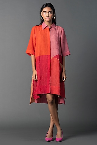 Pastel Pink & Orange Dupion Silk Abstract Printed Tunic by CLOS