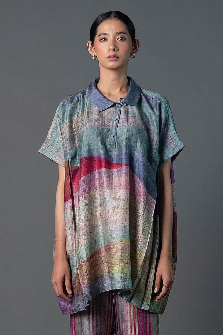 Teal Blue & Purple Dupion Silk Printed Co-Ord Set by CLOS at Pernia's Pop Up Shop
