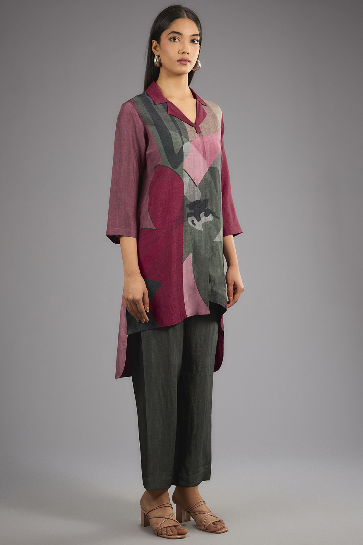 Maroon Dupion Silk Abstract Geometric Printed Kurta Set by CLOS at Pernia's Pop Up Shop