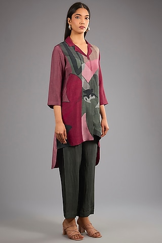 Maroon Dupion Silk Abstract Geometric Printed Kurta Set by CLOS