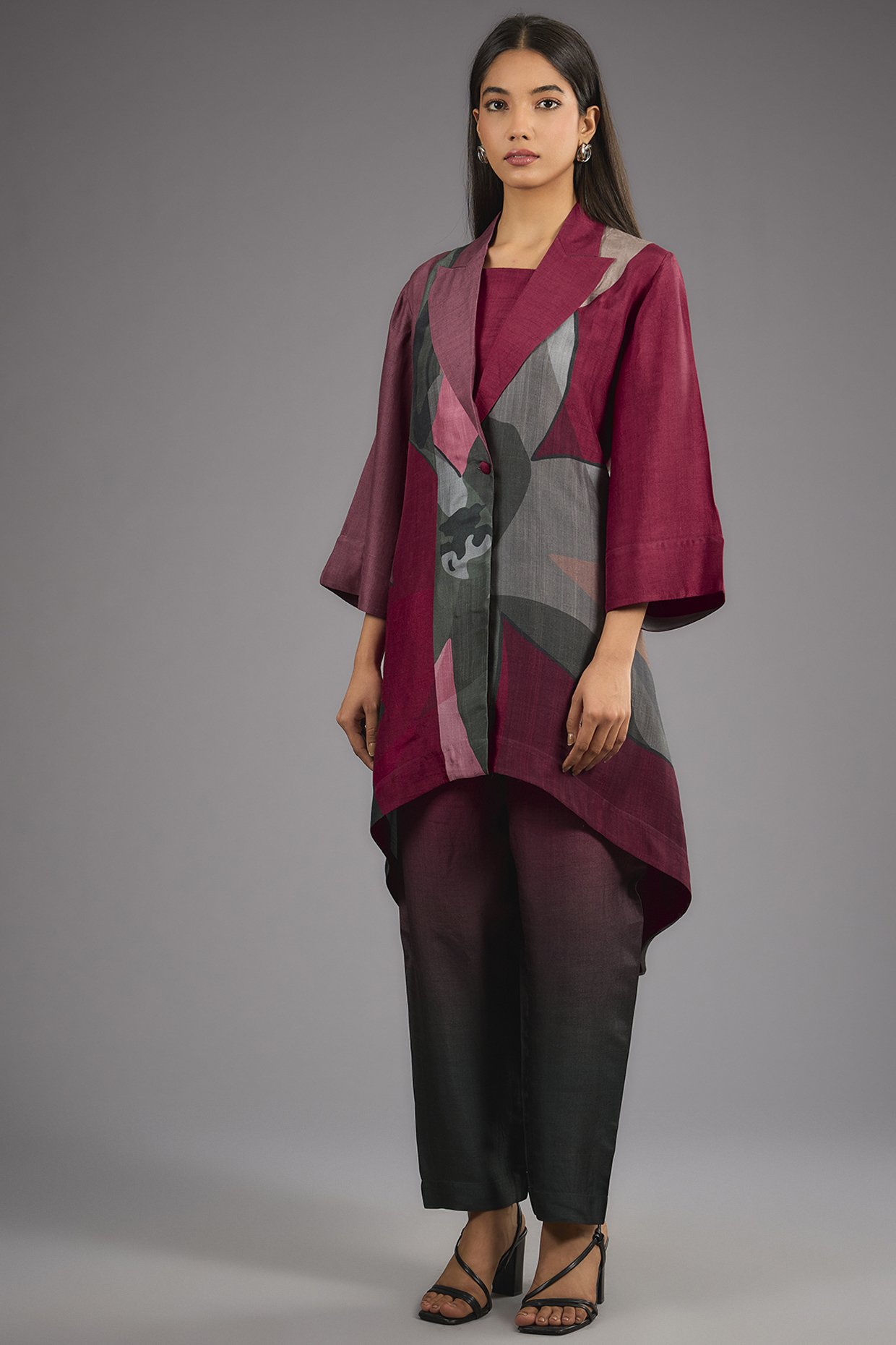 Maroon Dupion Silk Abstract Geometric Printed Kurta Set by CLOS at Pernia's Pop Up Shop
