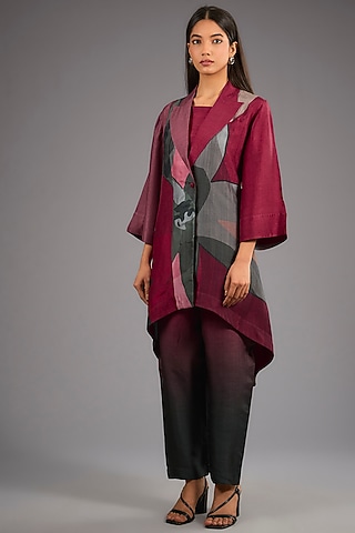 Maroon Dupion Silk Abstract Geometric Printed Kurta Set by CLOS