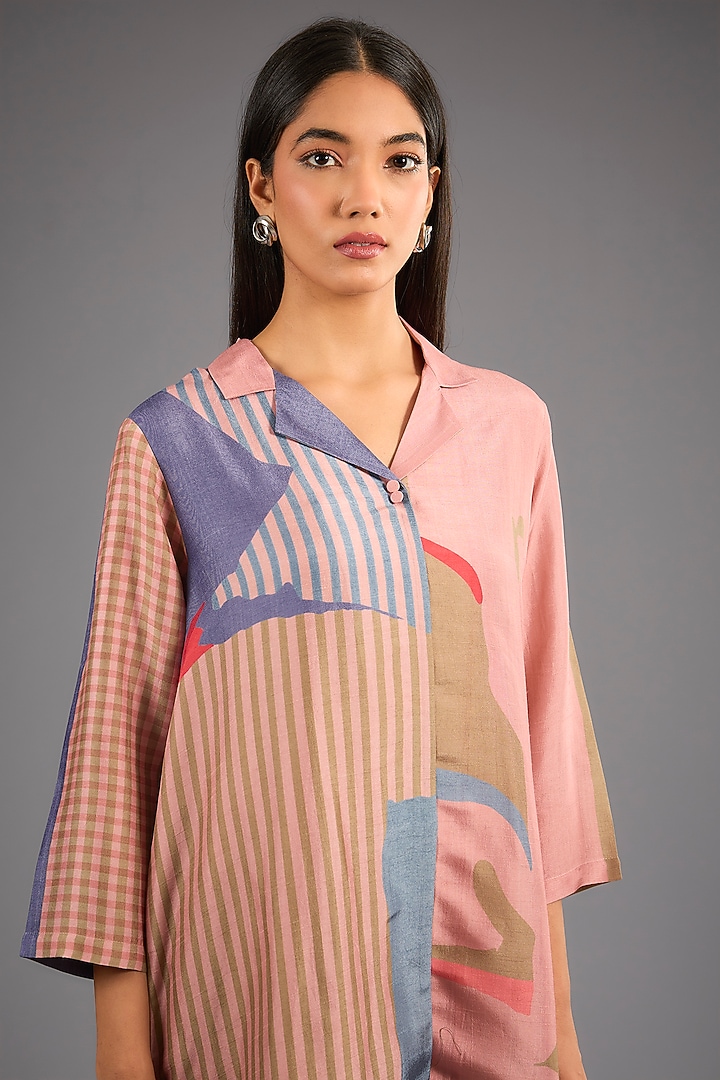 Pink Dupion Silk Abstract Geometric Printed Kurta Set by CLOS at Pernia's Pop Up Shop