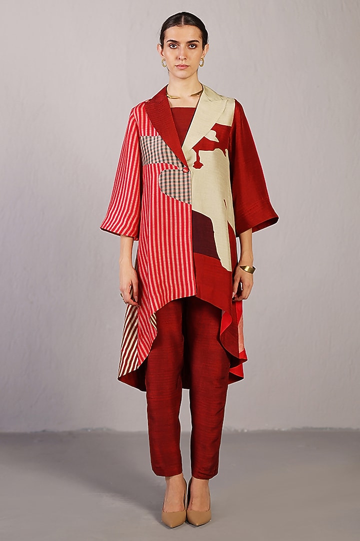 Crimson Red Dupion Silk Jacket Set by CLOS at Pernia's Pop Up Shop