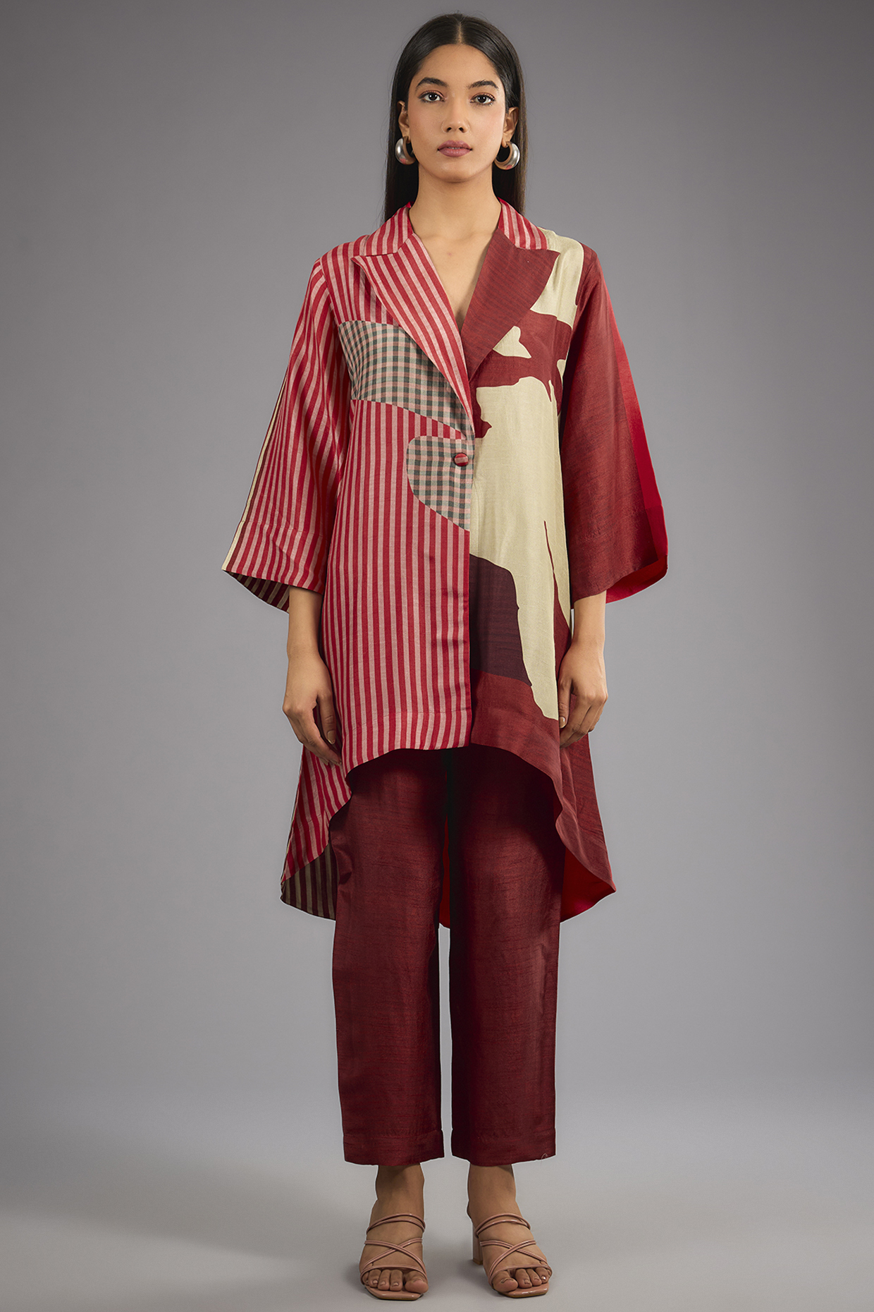 Red Dupion Silk Abstract Geometric Printed Kurta Set by CLOS at Pernia's Pop Up Shop