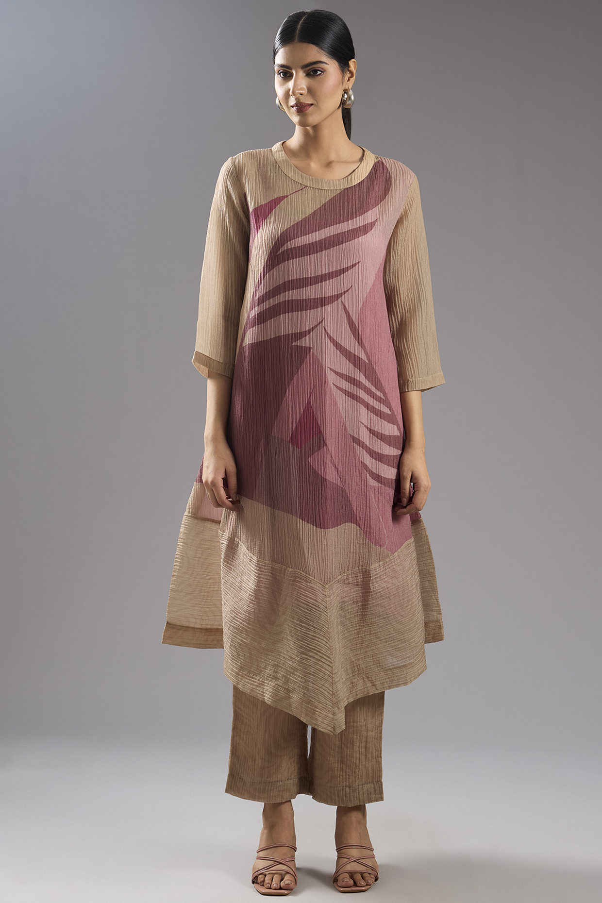 Wine & Cream Shimmer Cupro Abstract Printed Tunic Kurta Set by CLOS at Pernia's Pop Up Shop