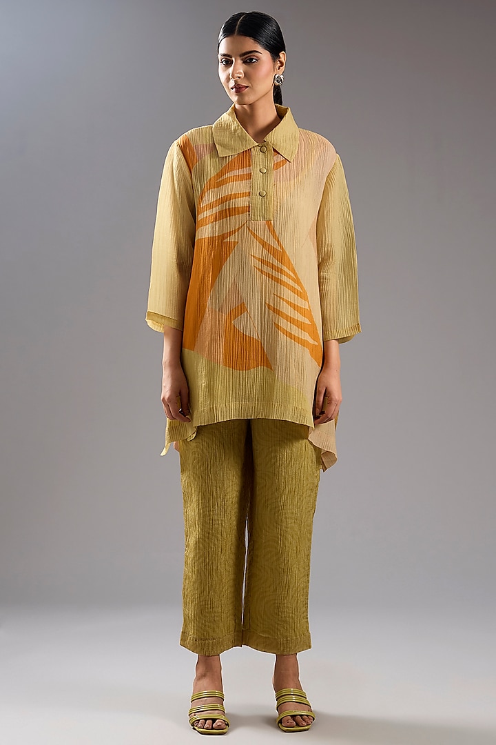 Orange Shimmer Cupro Abstract Printed Shirt Tunic Set by CLOS at Pernia's Pop Up Shop