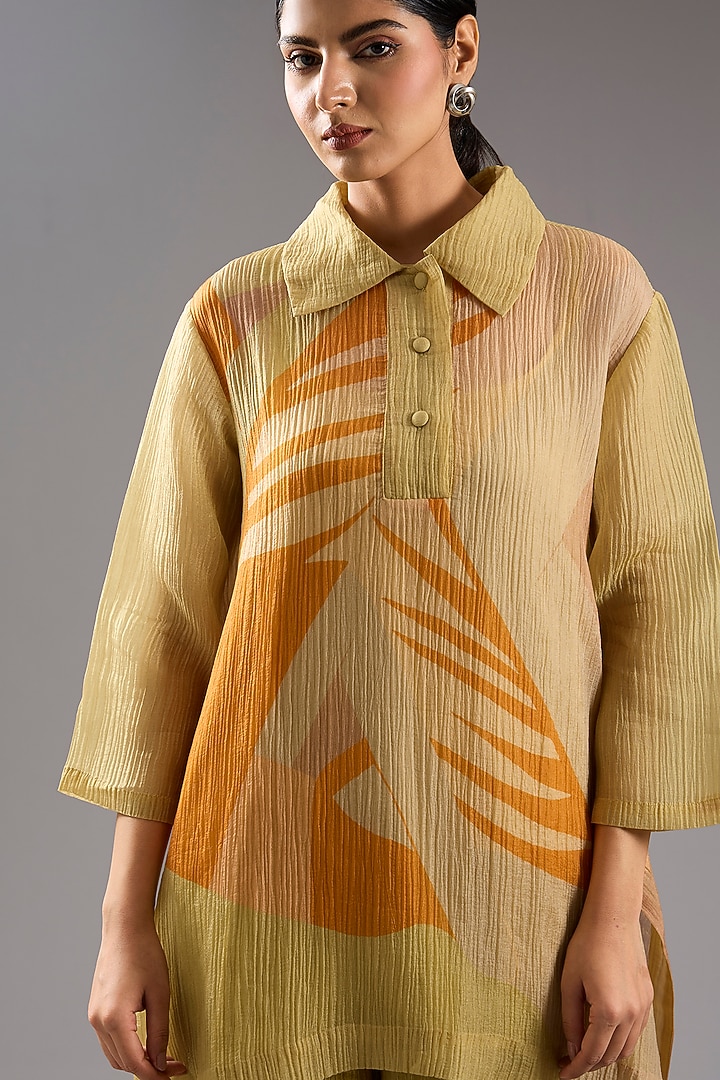 Orange Shimmer Cupro Abstract Printed Shirt Tunic Set by CLOS at Pernia's Pop Up Shop
