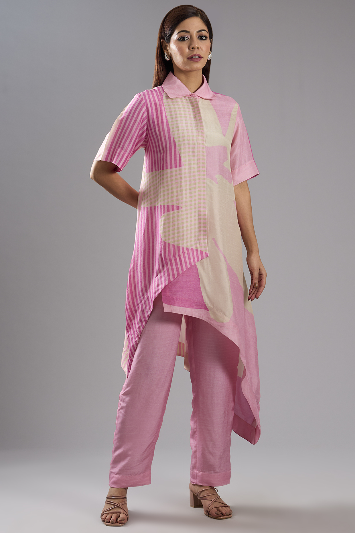 Pink Dupion Silk Abstract Printed Tunic Kurta Set by CLOS at Pernia's Pop Up Shop