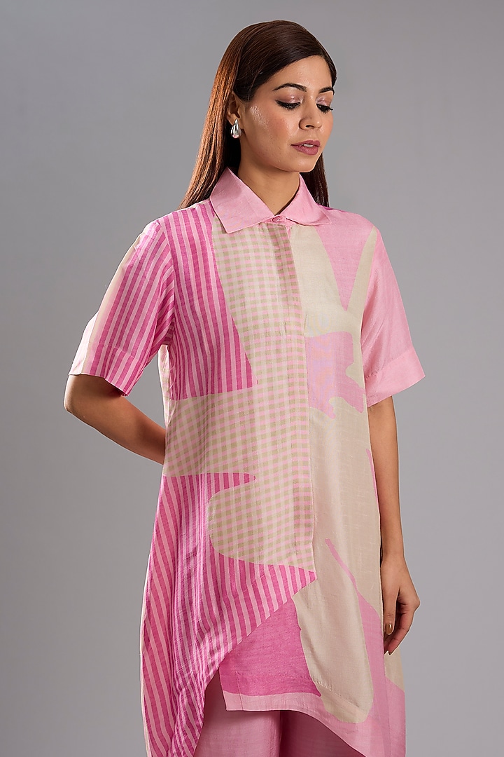 Pink Dupion Silk Abstract Printed Tunic Kurta Set by CLOS at Pernia's Pop Up Shop
