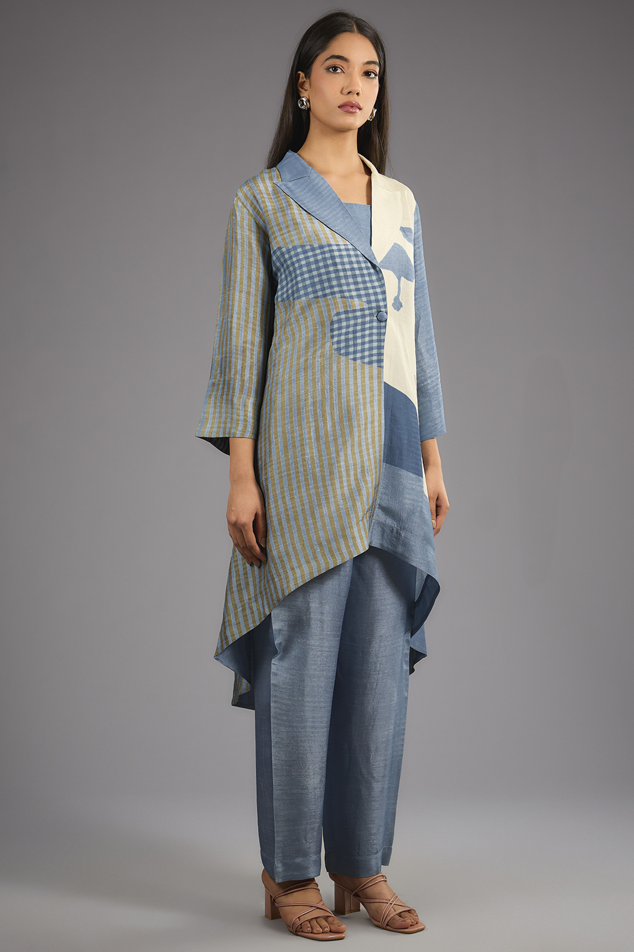 Blue Dupion Silk Abstract Geometric Printed Kurta Set by CLOS at Pernia's Pop Up Shop