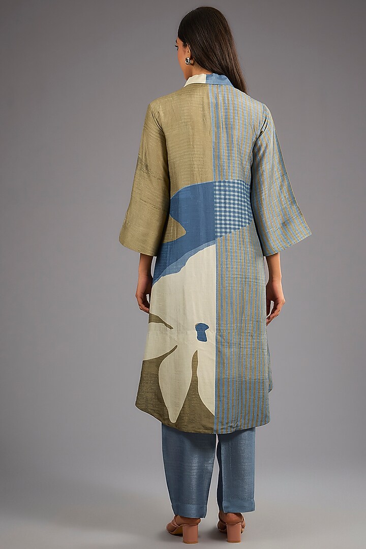 Blue Dupion Silk Abstract Geometric Printed Kurta Set by CLOS at Pernia's Pop Up Shop