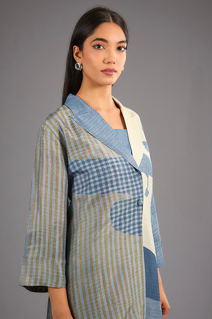 Blue Dupion Silk Abstract Geometric Printed Kurta Set by CLOS at Pernia's Pop Up Shop