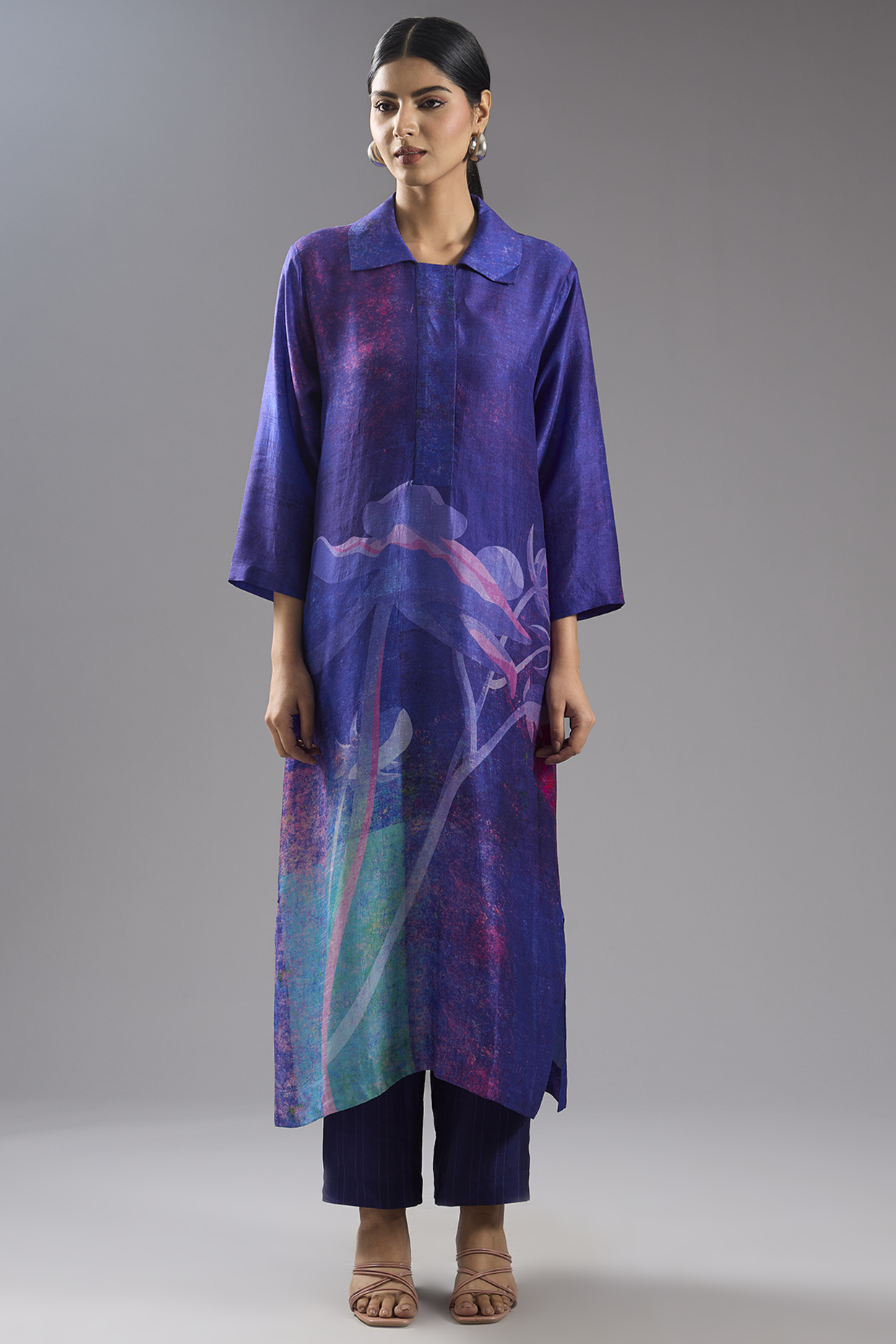 Purple Dupion Silk Abstract Printed Tunic Kurta Set by CLOS at Pernia's Pop Up Shop