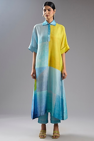 Blue Dupion Silk Abstract Printed Tunic Kurta Set by CLOS