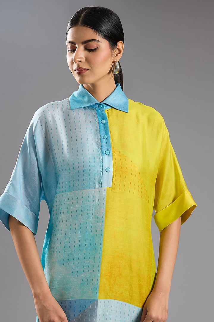 Blue Dupion Silk Abstract Printed Tunic Kurta Set by CLOS at Pernia's Pop Up Shop