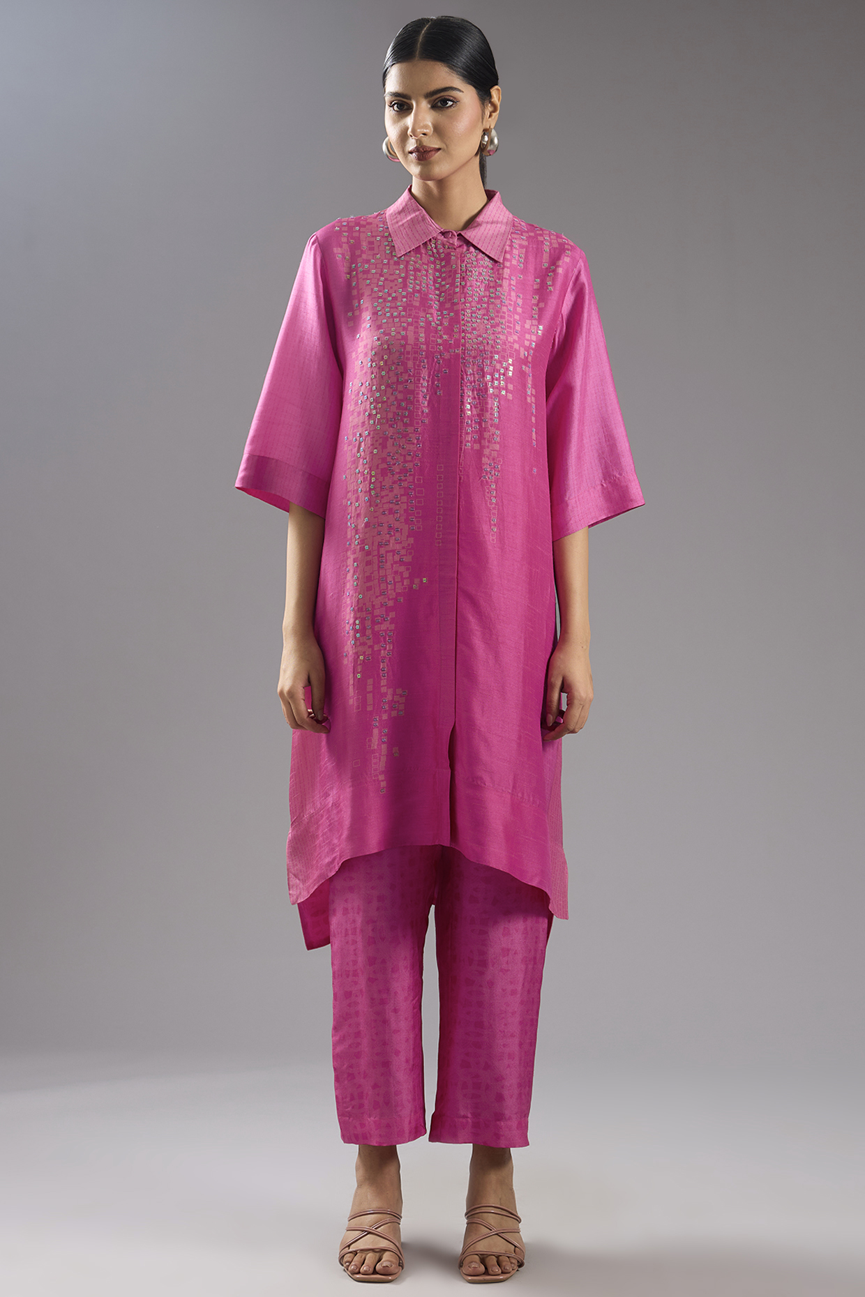 Pink Dupion Silk Abstract Printed Tunic Kurta Set by CLOS at Pernia's Pop Up Shop