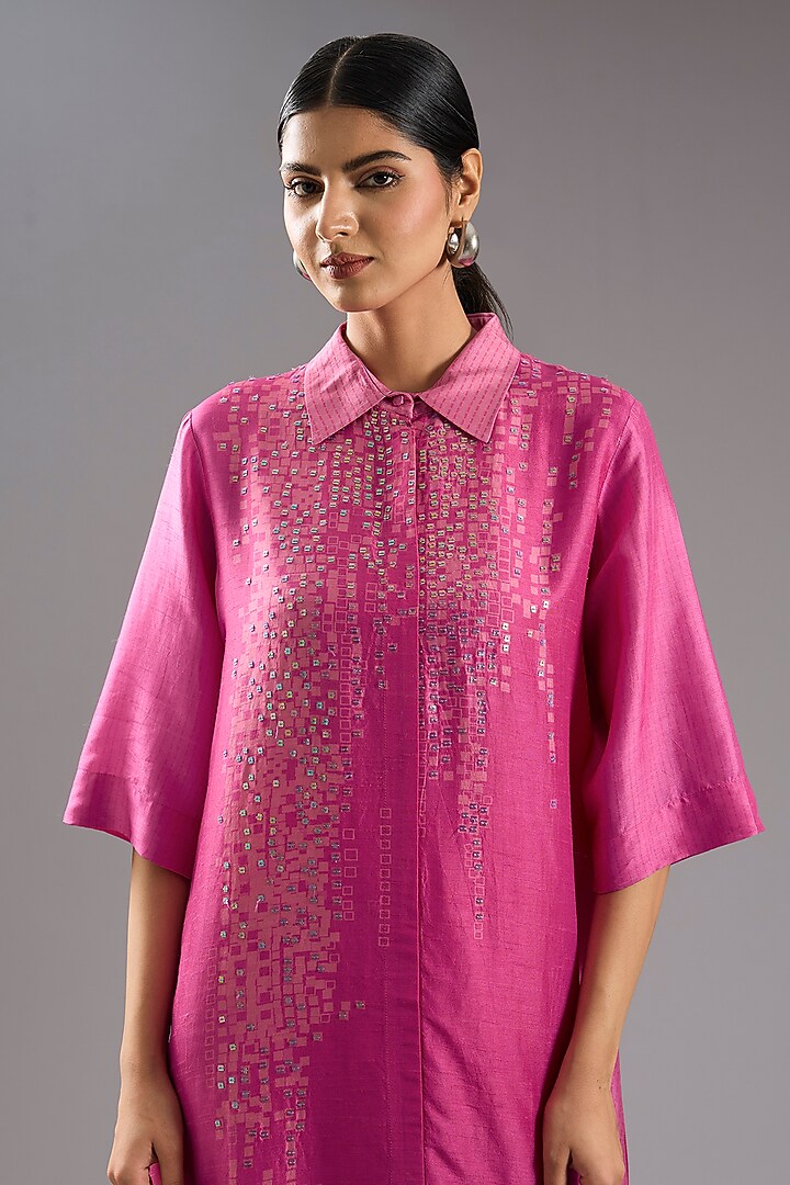 Pink Dupion Silk Abstract Printed Tunic Kurta Set by CLOS at Pernia's Pop Up Shop