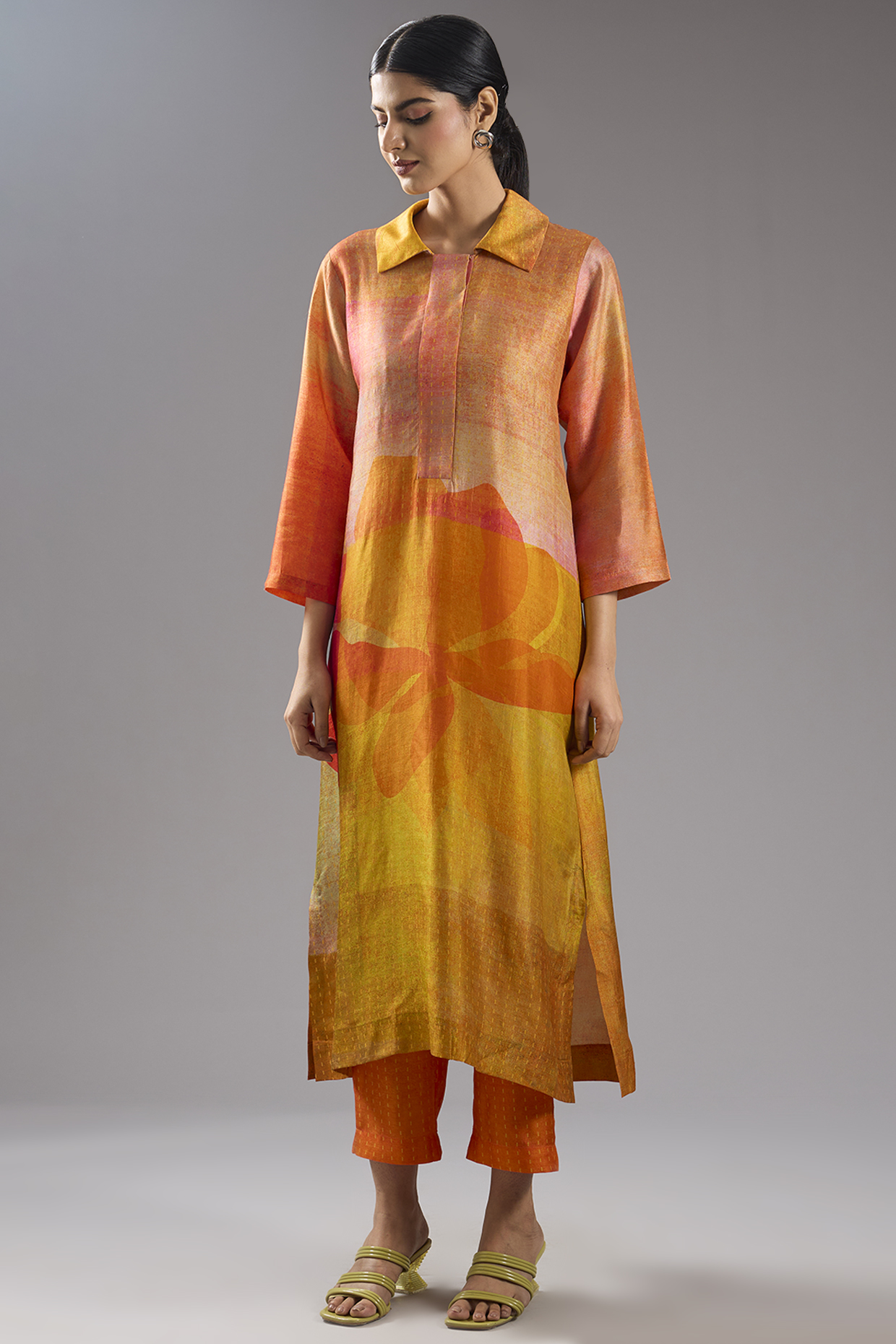 Orange Dupion Silk Abstract Printed Tunic Kurta Set by CLOS at Pernia's Pop Up Shop