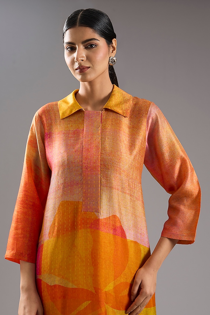 Orange Dupion Silk Abstract Printed Tunic Kurta Set by CLOS at Pernia's Pop Up Shop