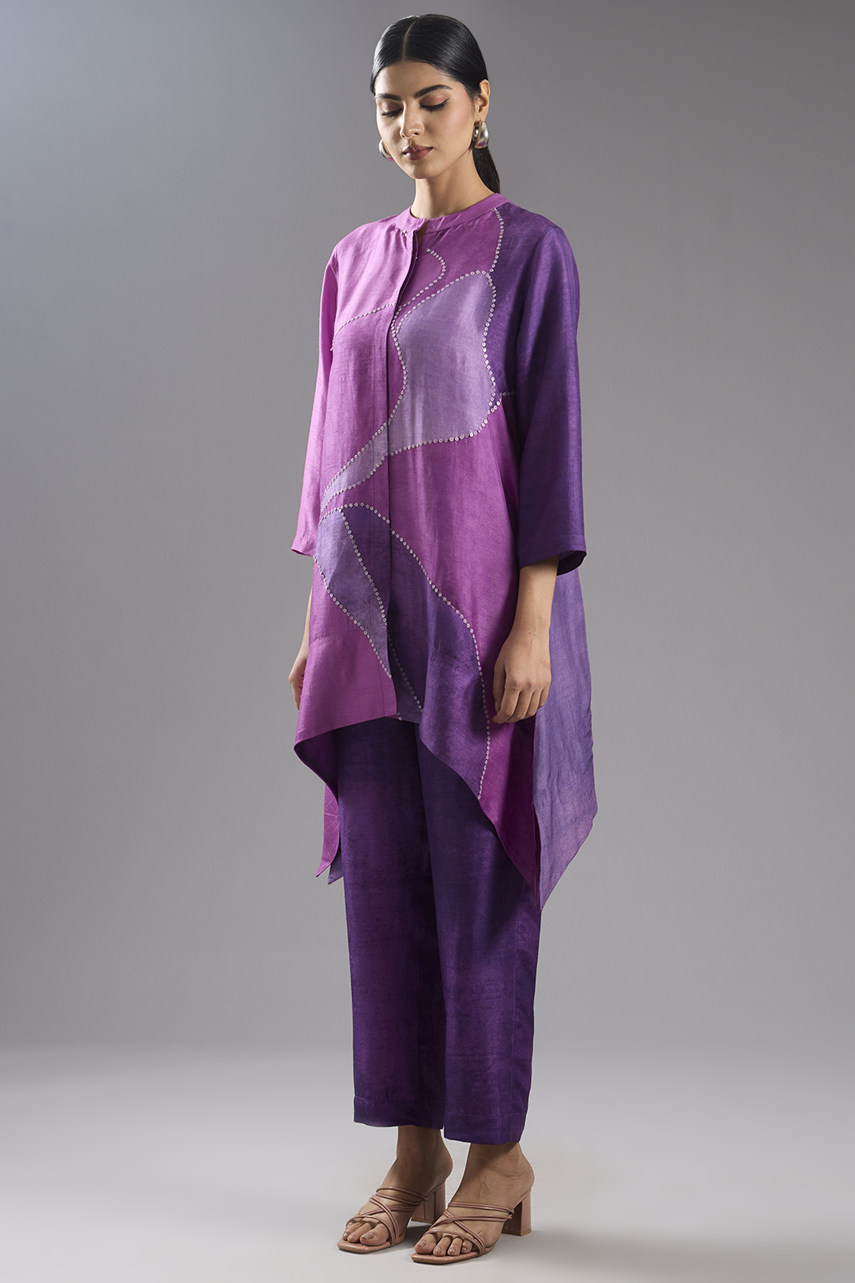 Purple Dupion Silk Abstract Printed Tunic Kurta Set by CLOS at Pernia's Pop Up Shop