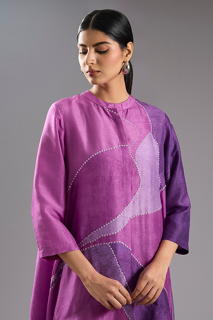 Purple Dupion Silk Abstract Printed Tunic Kurta Set by CLOS at Pernia's Pop Up Shop