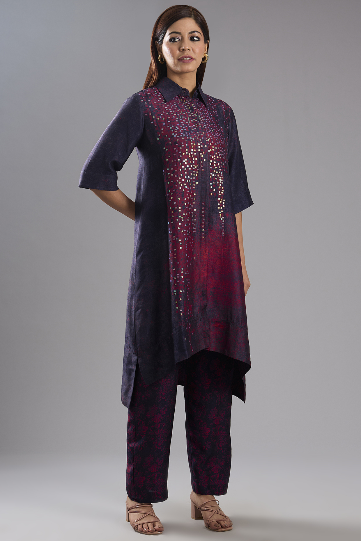 Maroon Dupion Silk Abstract Printed Tunic Kurta Set by CLOS at Pernia's Pop Up Shop