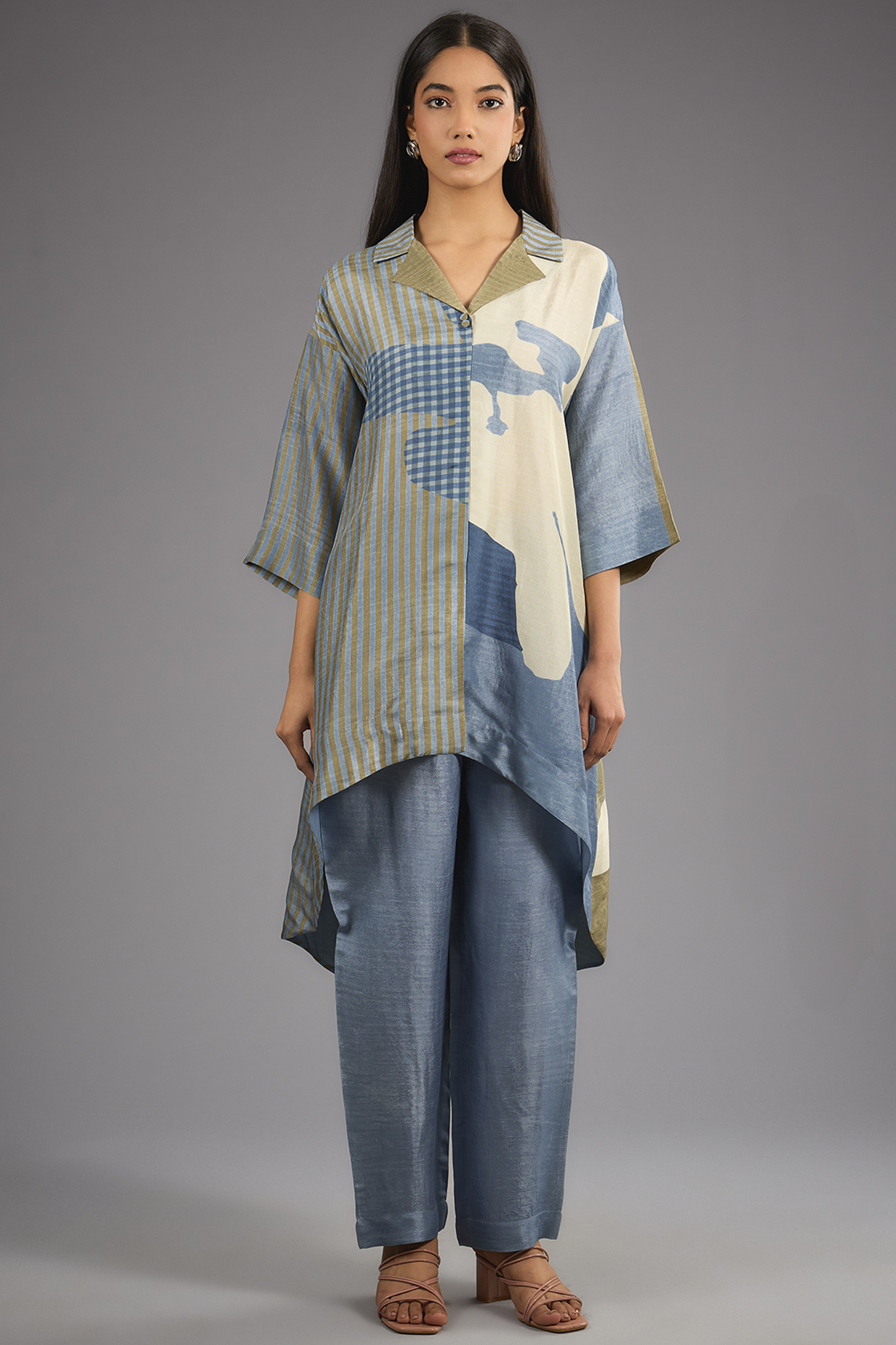 Blue Dupion Silk Abstract Geometric Printed Kurta Set by CLOS at Pernia's Pop Up Shop