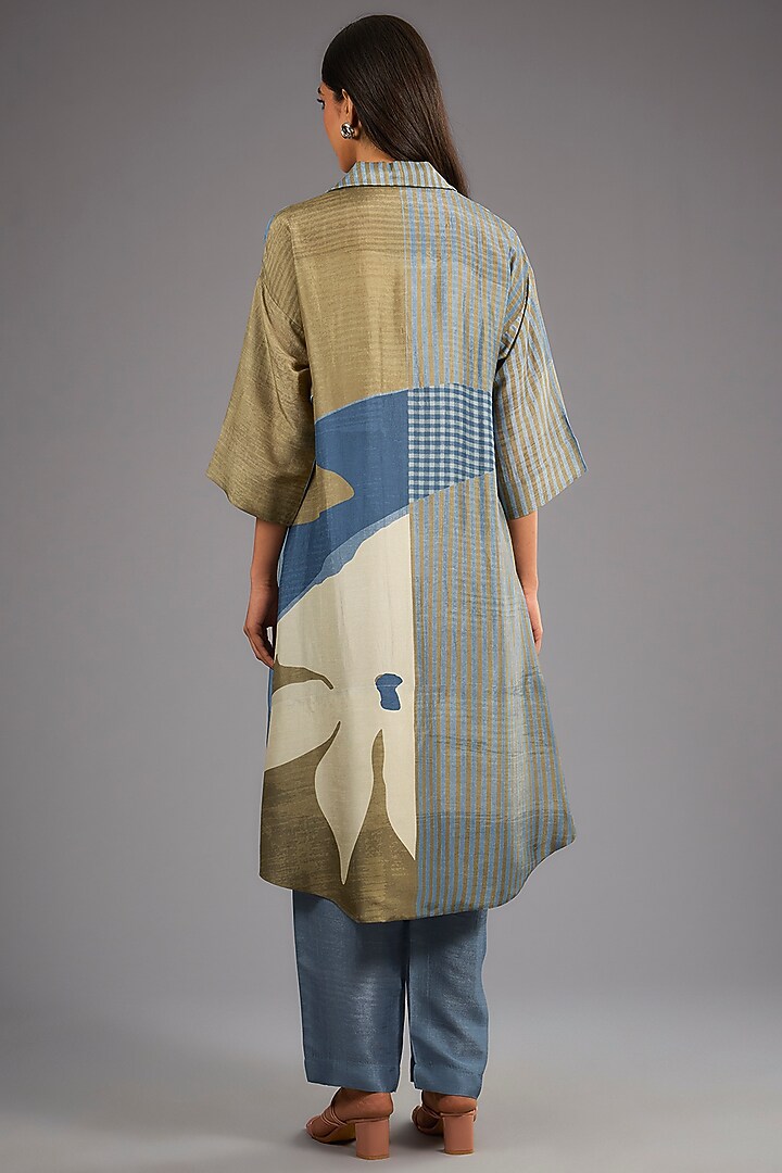 Blue Dupion Silk Abstract Geometric Printed Kurta Set by CLOS at Pernia's Pop Up Shop