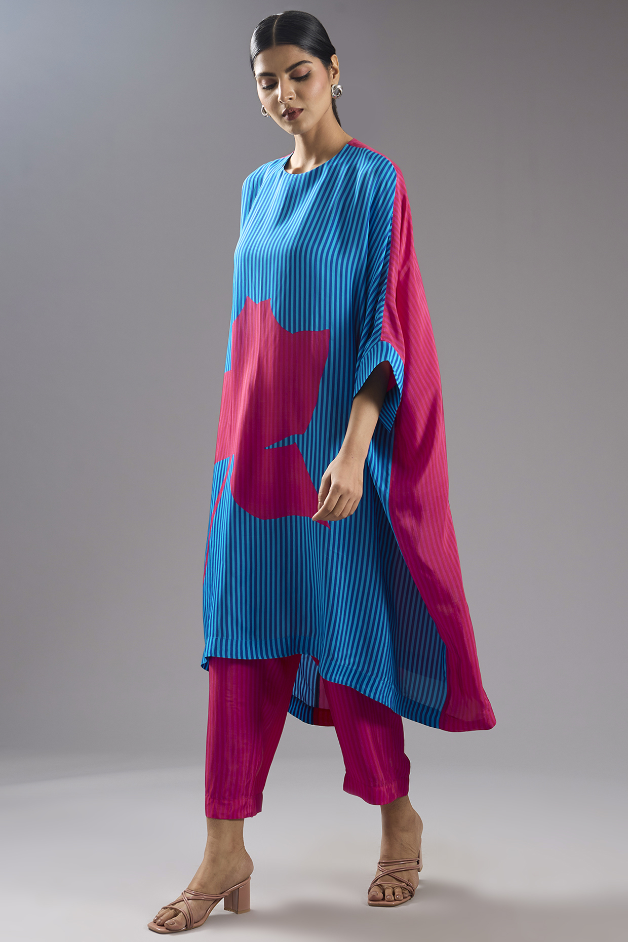 Blue Silk Crepe Abstract Printed Kaftan Set by CLOS at Pernia's Pop Up Shop