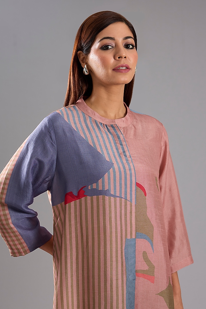 Pink Dupion Silk Abstract Printed Tunic Kurta Set by CLOS at Pernia's Pop Up Shop