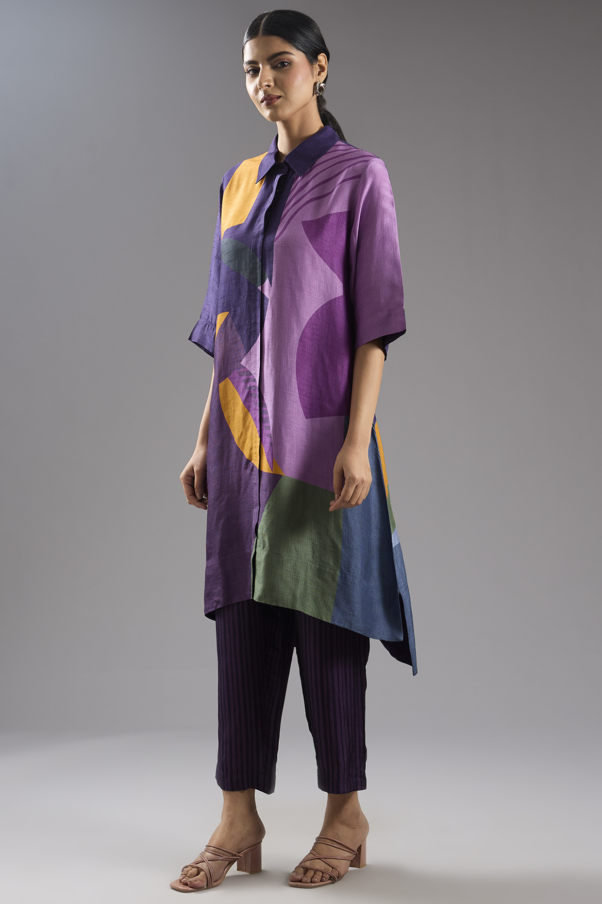 Purple Dupion Silk Abstract Printed Tunic Kurta Set by CLOS at Pernia's Pop Up Shop
