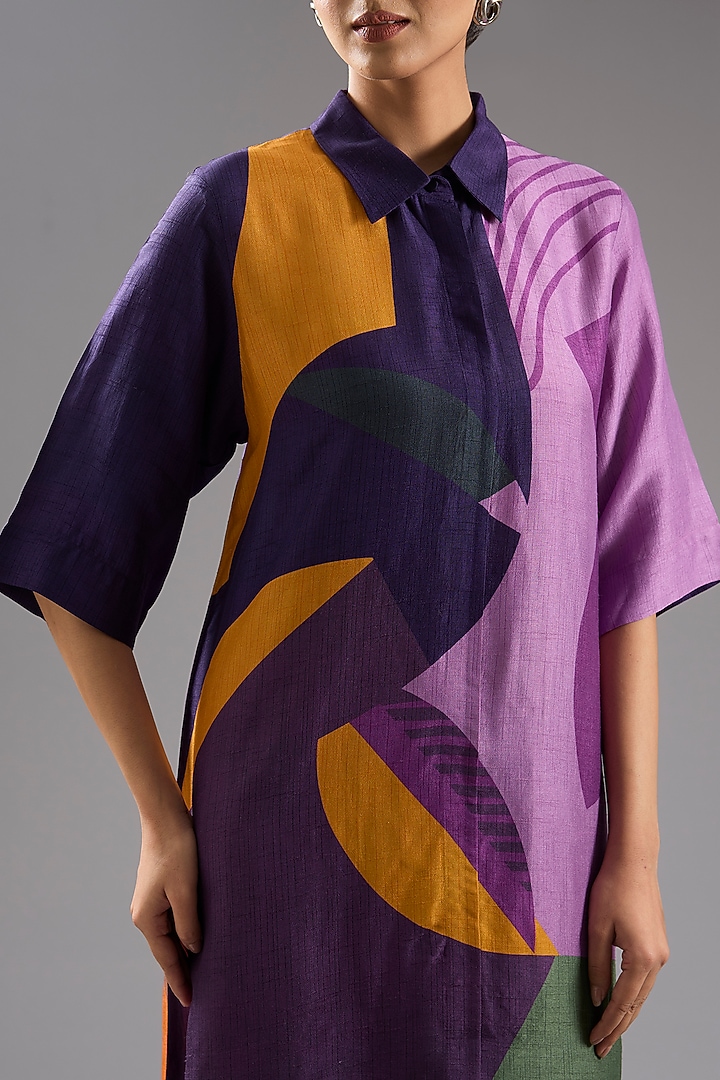 Purple Dupion Silk Abstract Printed Tunic Kurta Set by CLOS at Pernia's Pop Up Shop