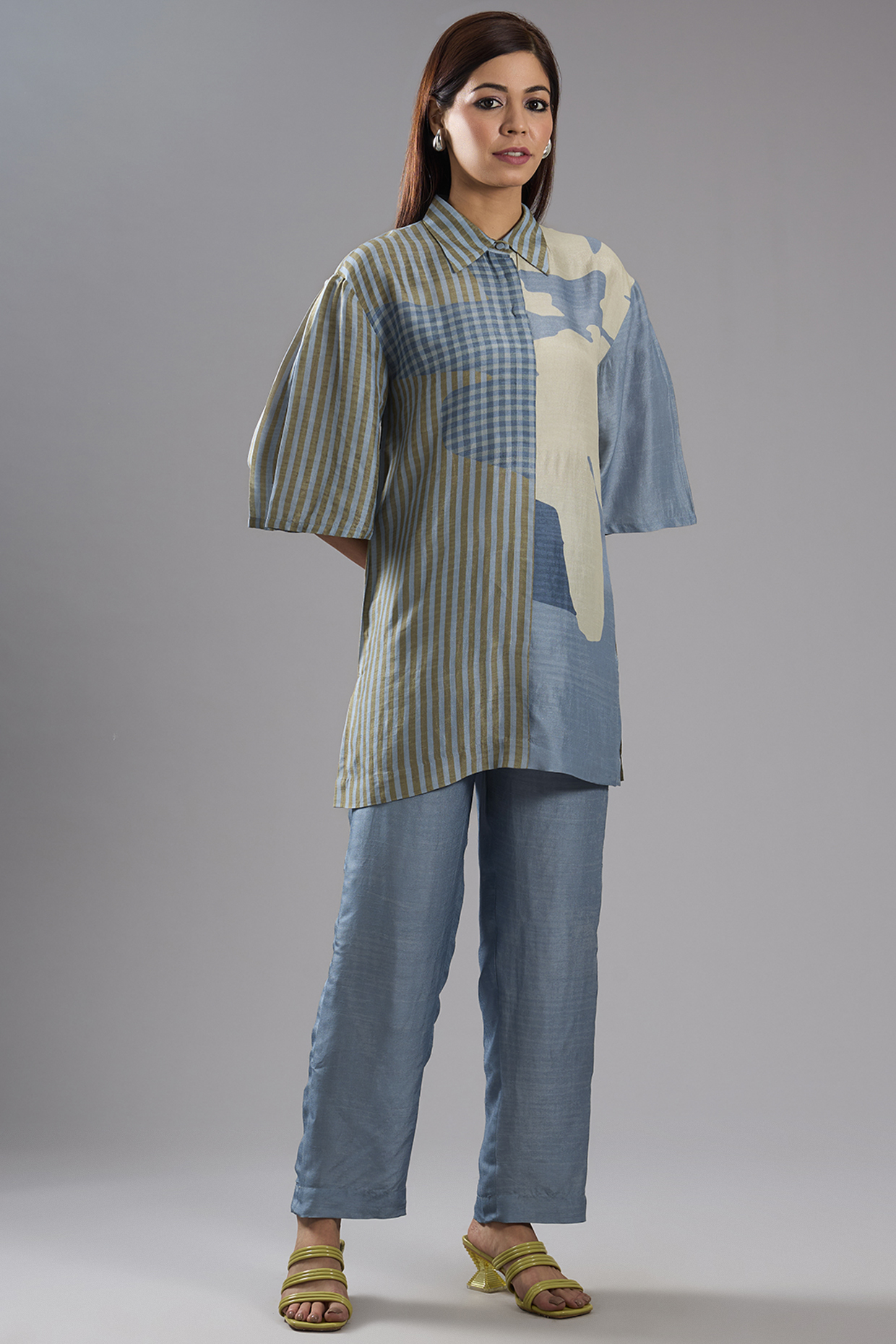 Blue Dupion Silk Abstract Printed Shirt Tunic Set by CLOS at Pernia's Pop Up Shop