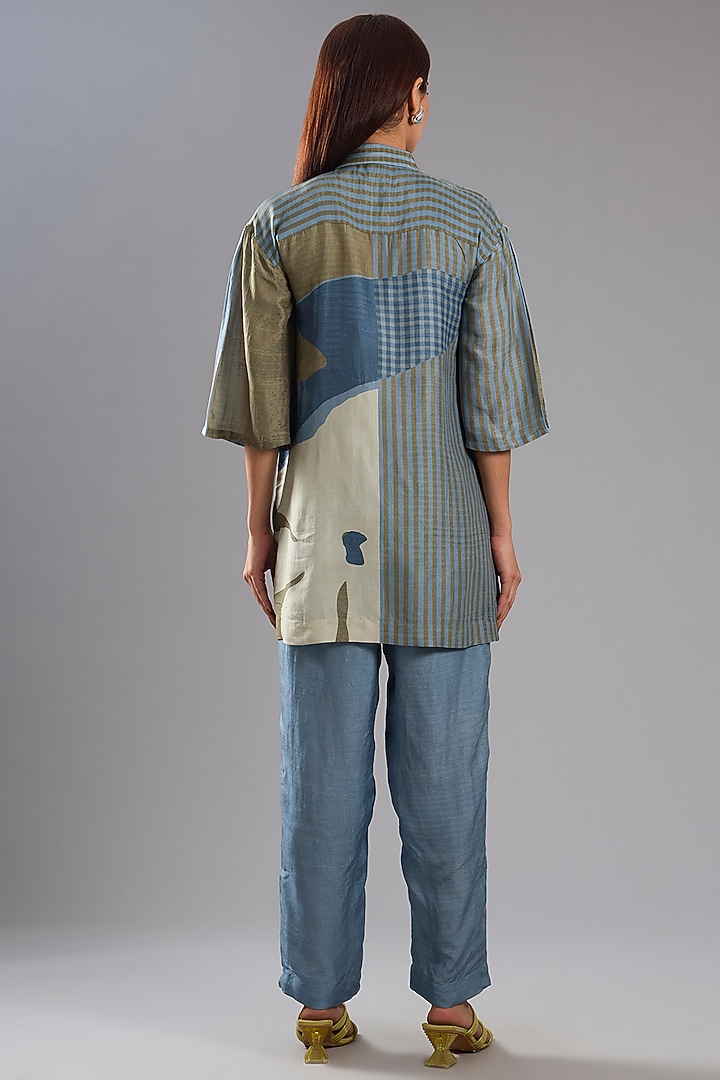 Blue Dupion Silk Abstract Printed Shirt Tunic Set by CLOS at Pernia's Pop Up Shop