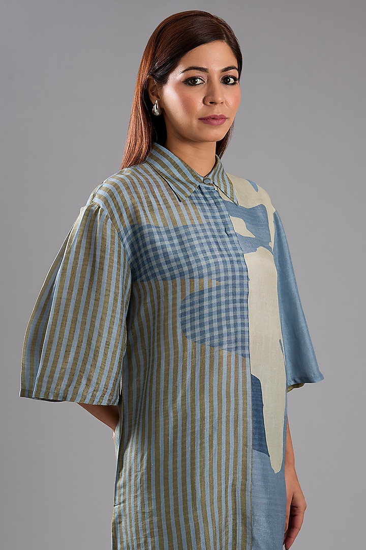 Blue Dupion Silk Abstract Printed Shirt Tunic Set by CLOS at Pernia's Pop Up Shop