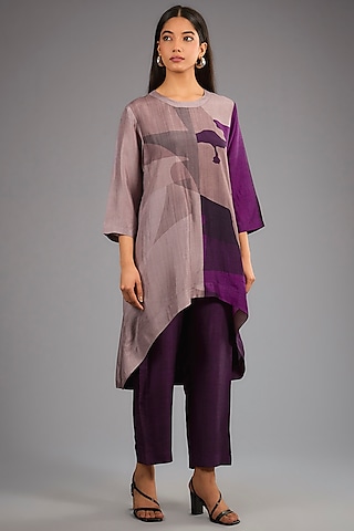 Wine Dupion Silk Abstract Geometric Printed Kurta Set by CLOS