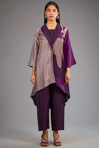 Wine Dupion Silk Abstract Geometric Printed Kurta Set by CLOS