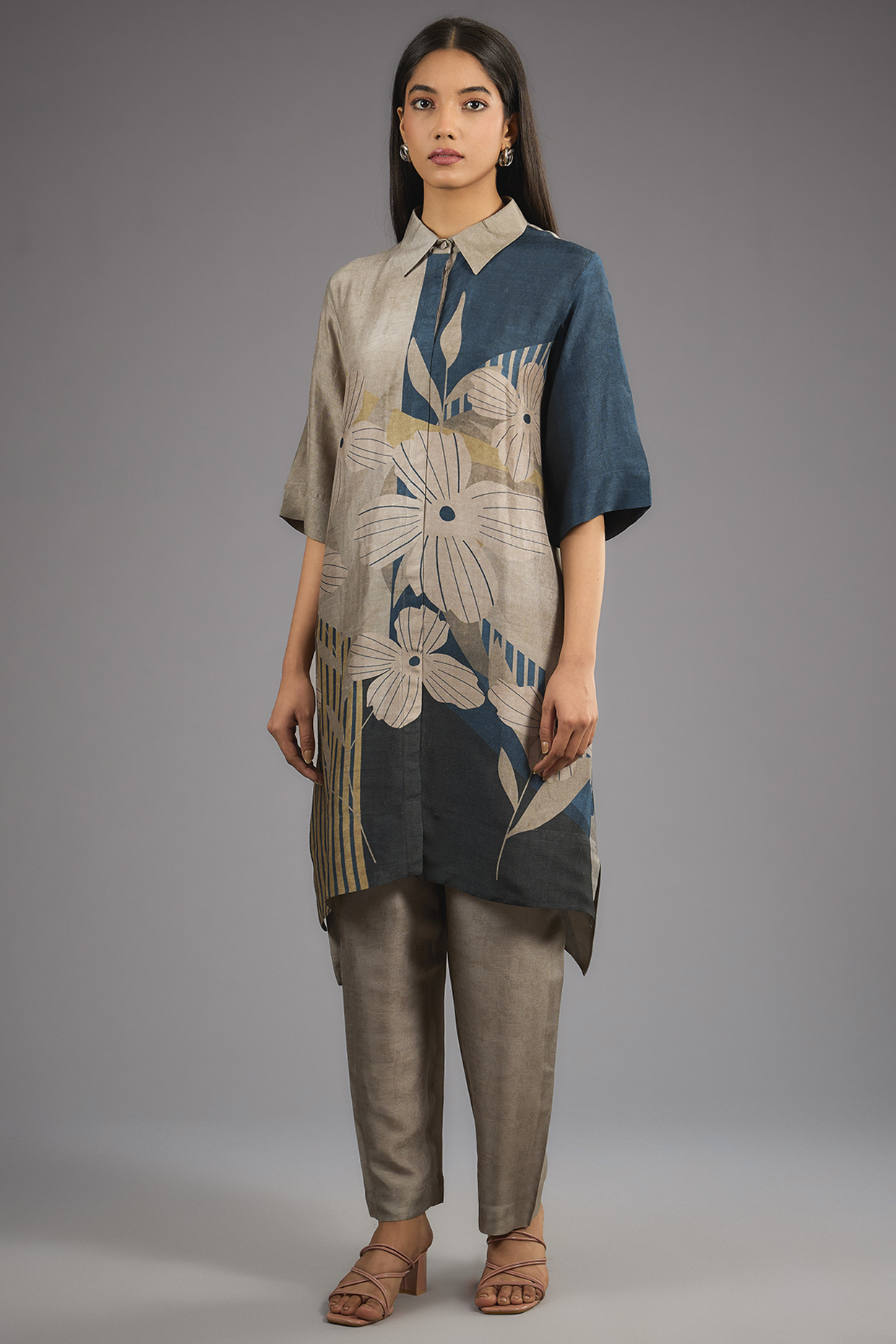 Grey Dupion Silk Abstract Printed Kurta Set by CLOS at Pernia's Pop Up Shop