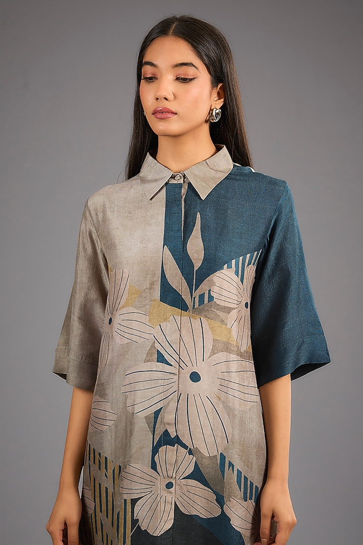 Grey Dupion Silk Abstract Printed Kurta Set by CLOS at Pernia's Pop Up Shop