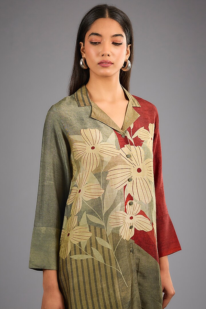 Green Dupion Silk Abstract Geometric Printed Kurta Set by CLOS at Pernia's Pop Up Shop