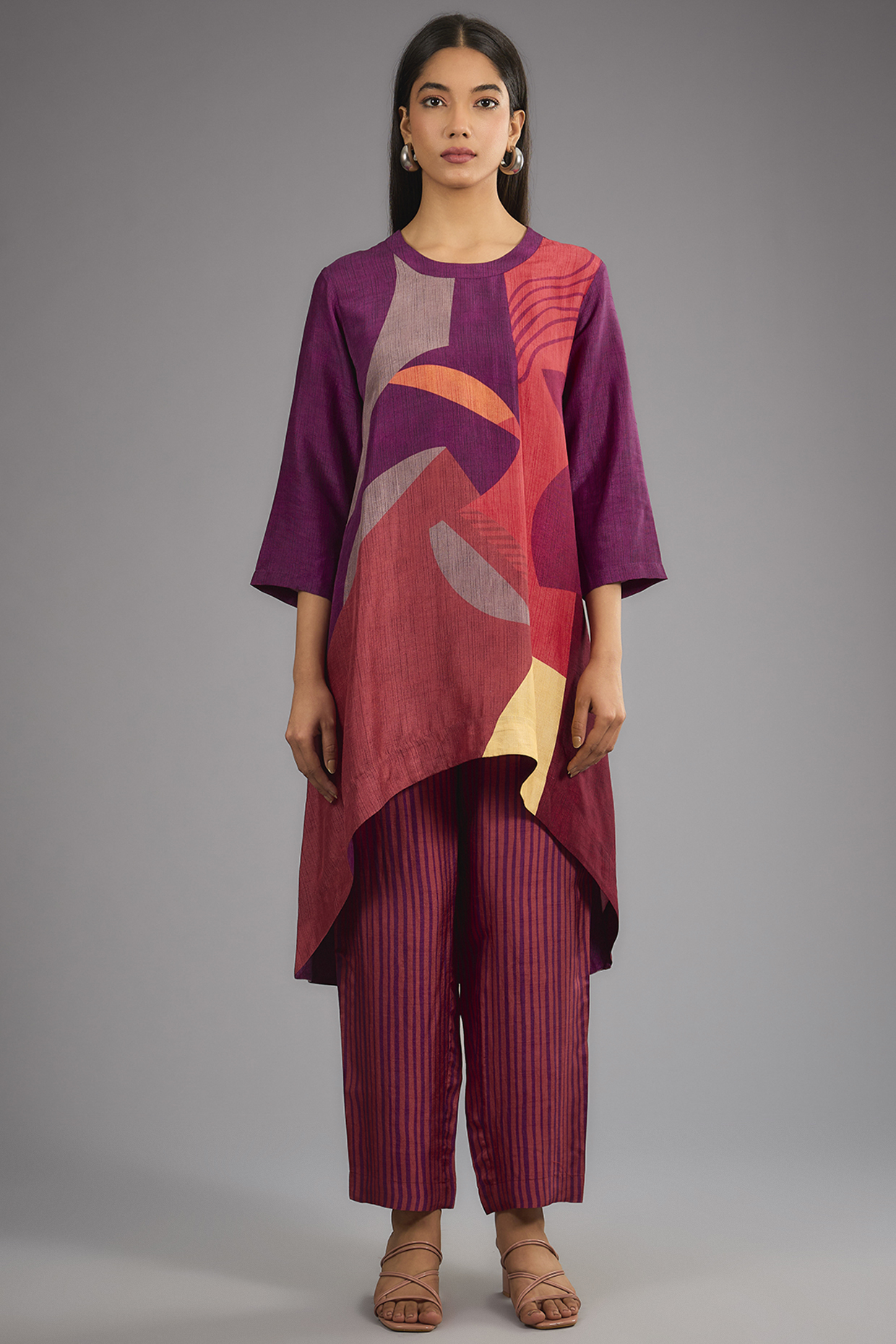 Wine Dupion Silk Abstract Geometric Printed Kurta Set by CLOS at Pernia's Pop Up Shop