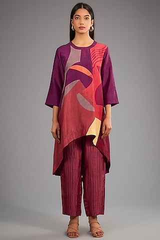Wine Dupion Silk Abstract Geometric Printed Kurta Set by CLOS