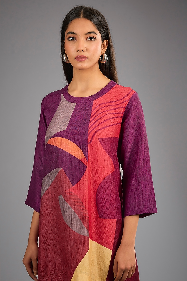 Wine Dupion Silk Abstract Geometric Printed Kurta Set by CLOS at Pernia's Pop Up Shop