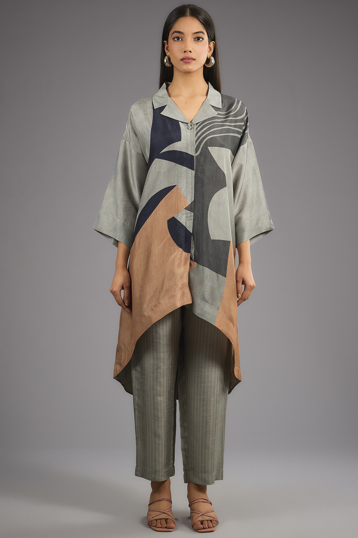 Grey Dupion Silk Abstract Geometric Printed Kurta Set by CLOS at Pernia's Pop Up Shop