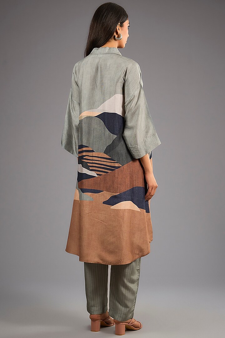 Grey Dupion Silk Abstract Geometric Printed Kurta Set by CLOS at Pernia's Pop Up Shop