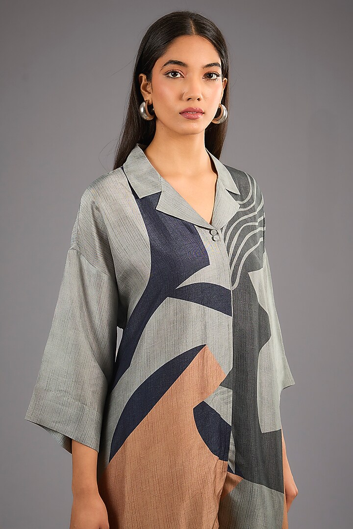 Grey Dupion Silk Abstract Geometric Printed Kurta Set by CLOS at Pernia's Pop Up Shop